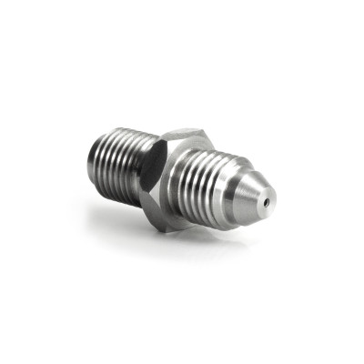 HEL Stainless Steel -4 AN Male to 7/16" x 24 Male Straight Adapter with 1.0mm Restriction for Turbo Oil Feeds
